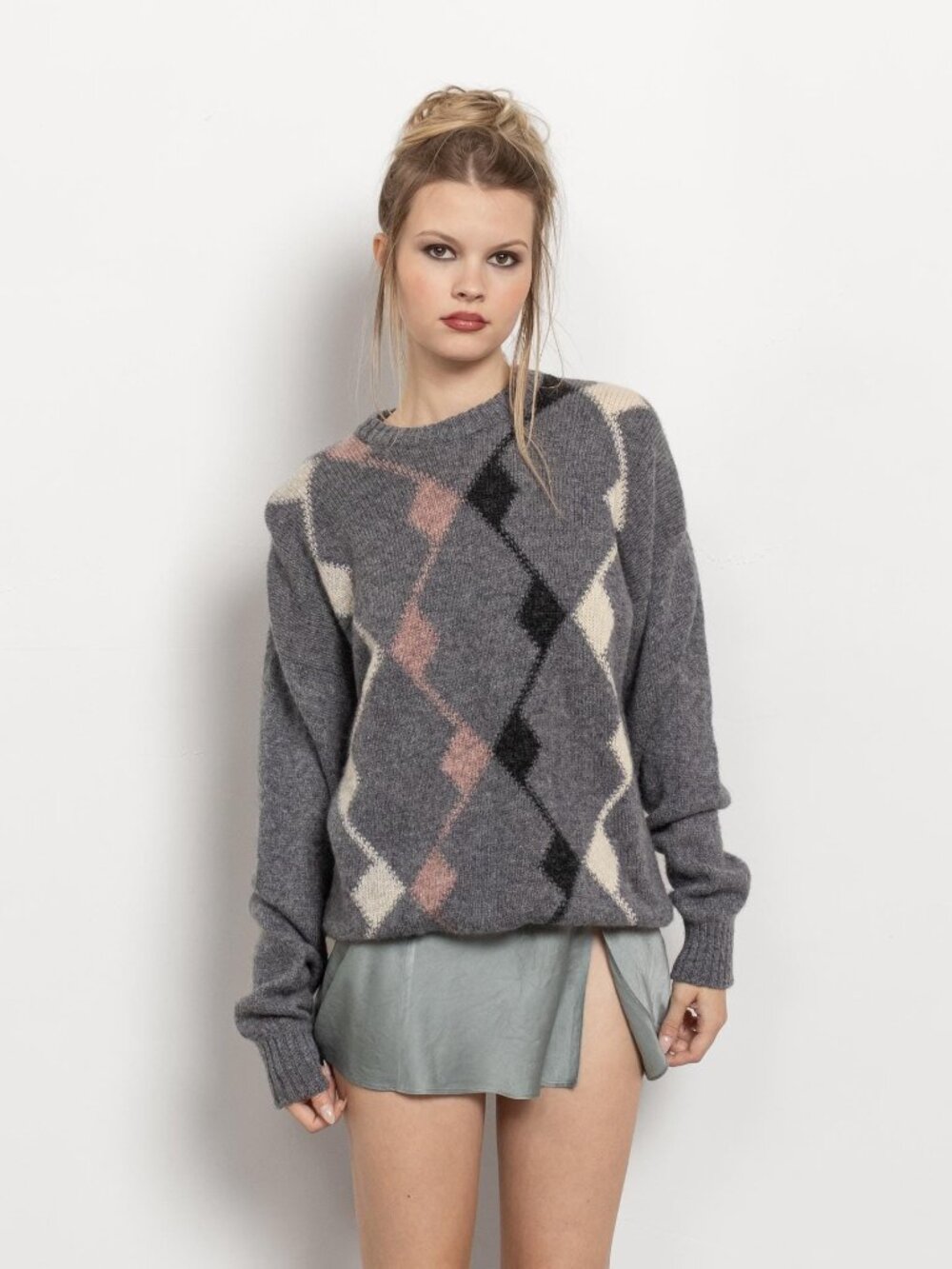 WOOL ARGYLE SWEATER Vintage Jumper Pullover Grey Pink / Small Medium